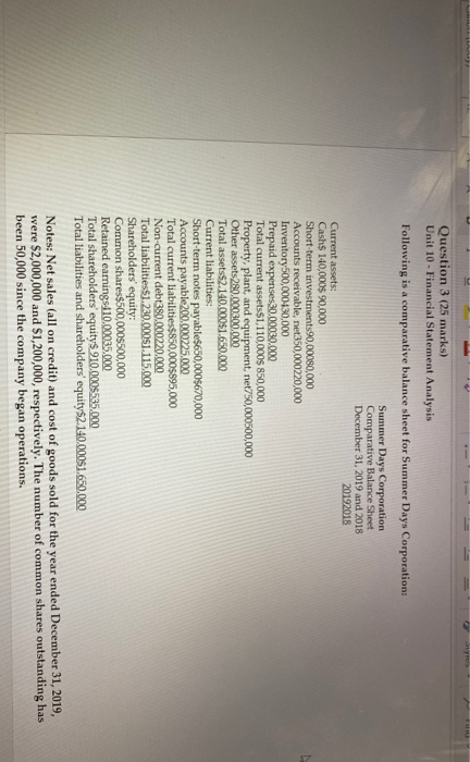  Question 3 (25 marks) Unit 10 - Financial Statement Analysis Following