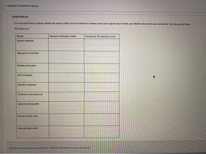  Question Completion Status: QUESTION 26 For each report below, indicate whether
