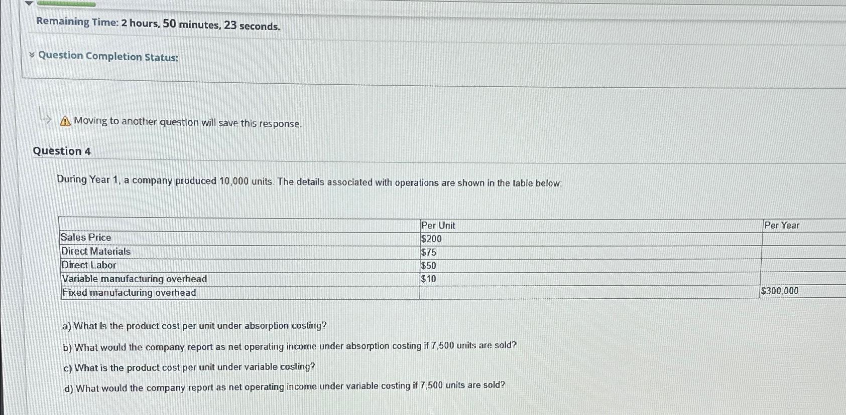  Remaining Time: 2 hours, 50 minutes, 23 seconds. Question Completion Status: