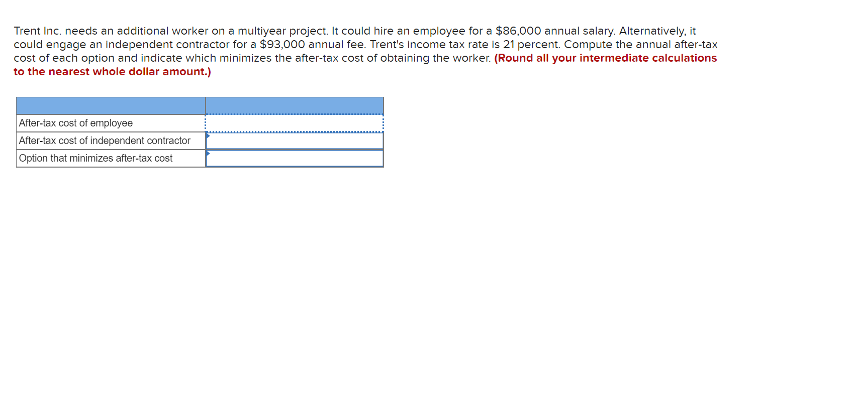 Trent Inc. needs an additional worker on a multiyear project. It