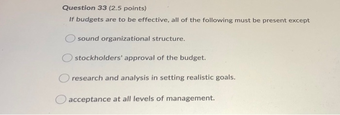  Question 33 (2.5 points) If budgets are to be effective, all