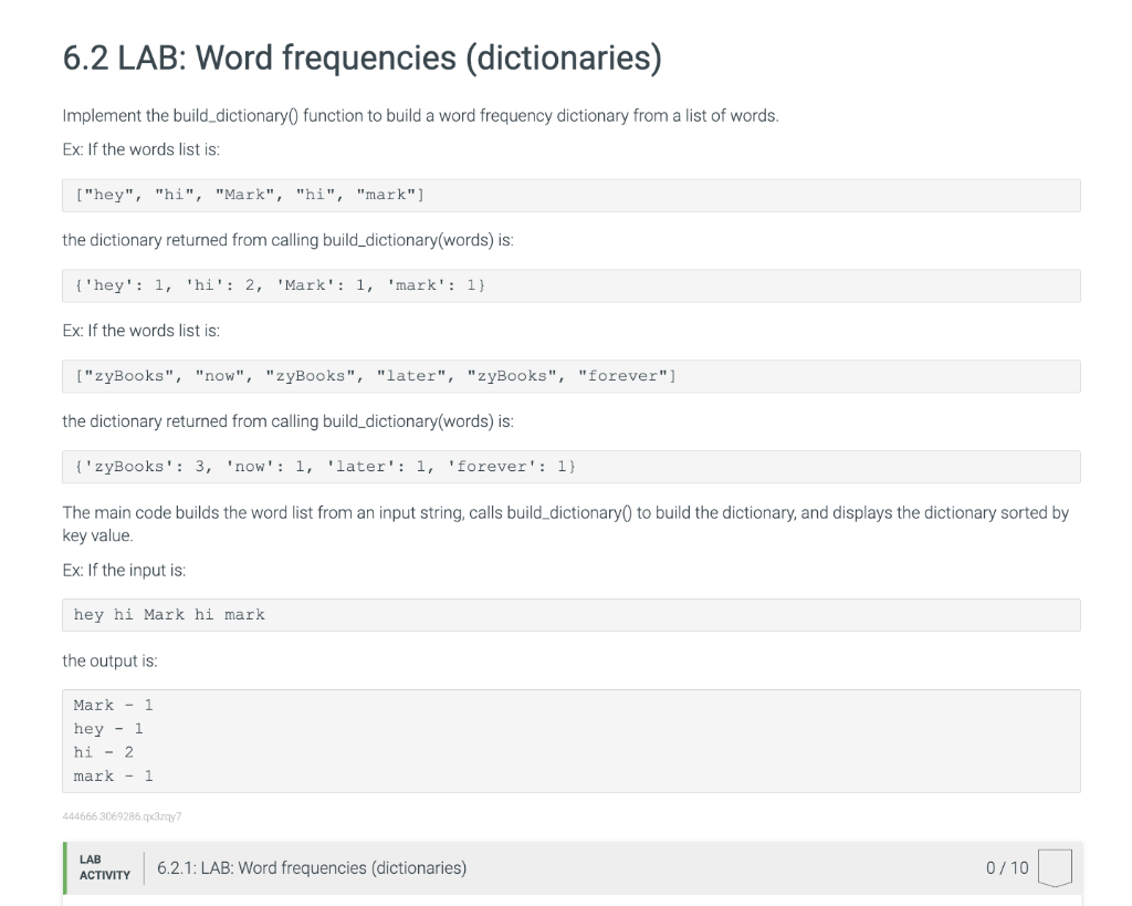 in python please Implement the build_dictionary() function to build a word frequency