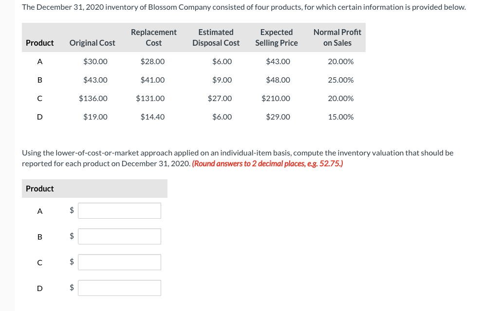  Using the lower-of-cost-or-market approach applied on an individual-item basis, compute the