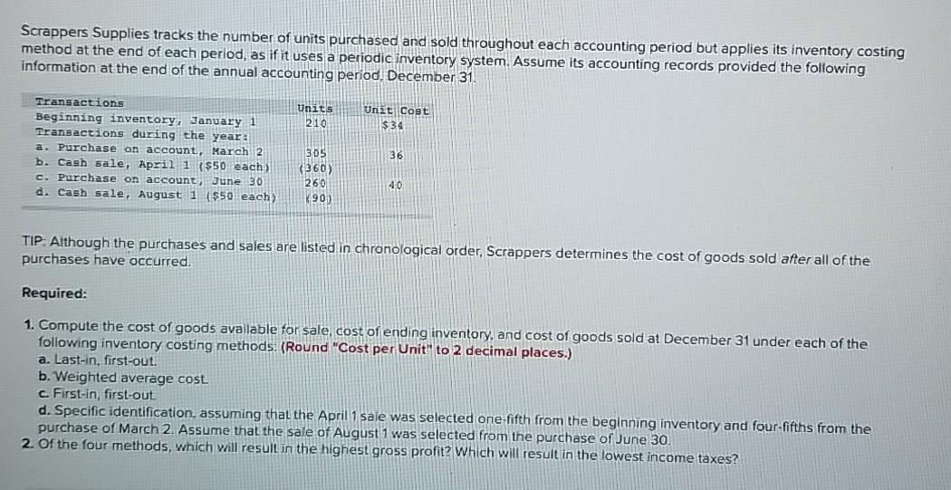 required information: a. b. c. d. e. f. Scrappers Supplies tracks the