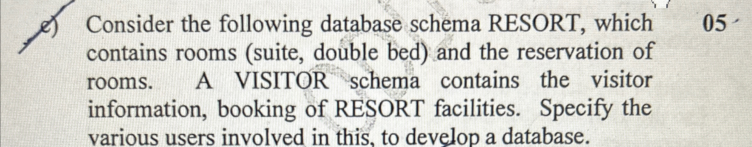  e) Consider the following database schema RESORT, which 05. contains rooms