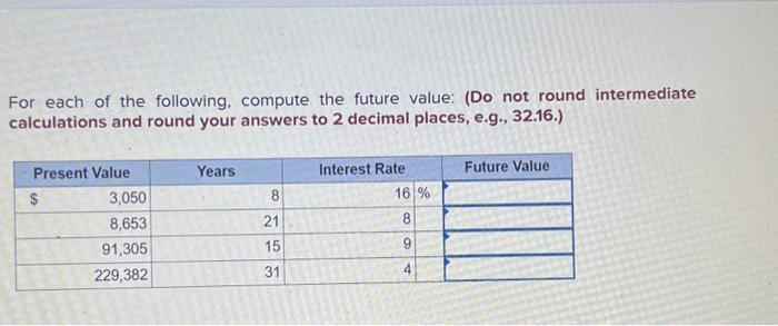  For each of the following, compute the future value: (Do not