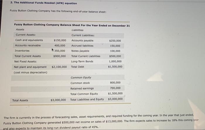  2. The Additional Funds Needed (AFN) equation Fuzzy Button Clothing Company
