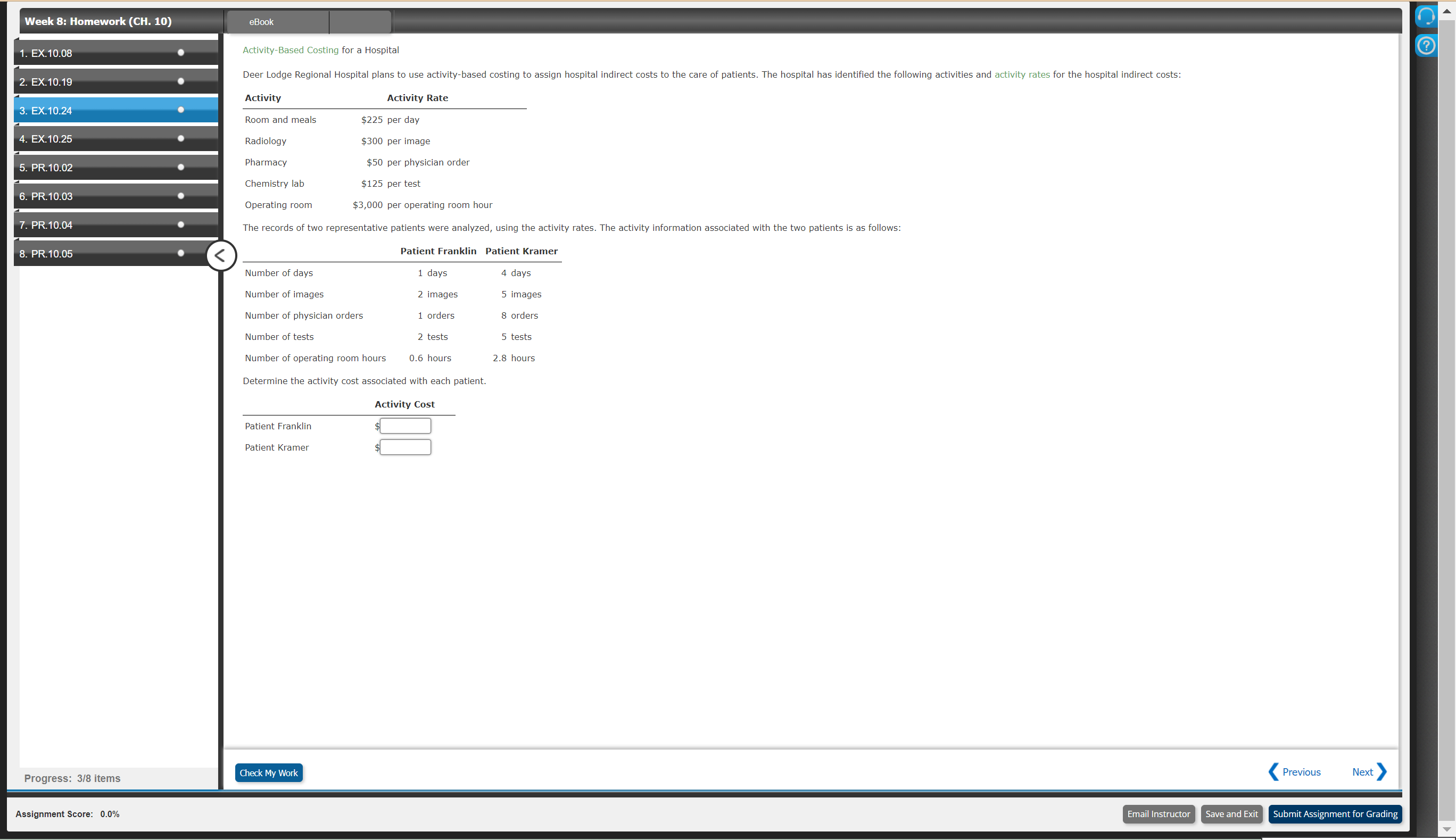 Determine the activity cost associated with each patient