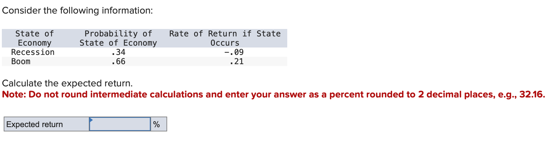  Consider the following information: Calculate the expected return. Note: Do not