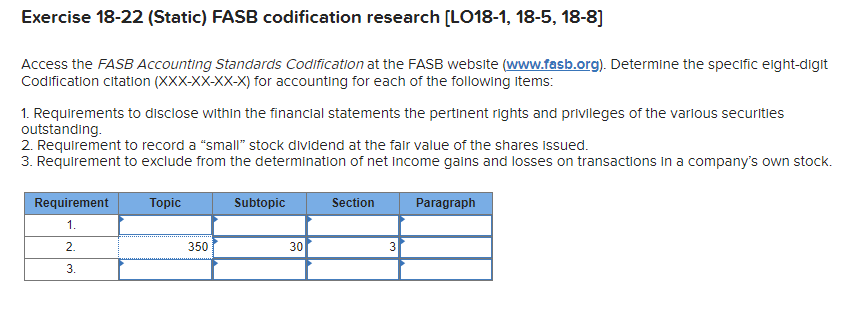  Exercise 18-22 (Static) FASB codification research (LO18-1, 18-5, 18-8] Access the