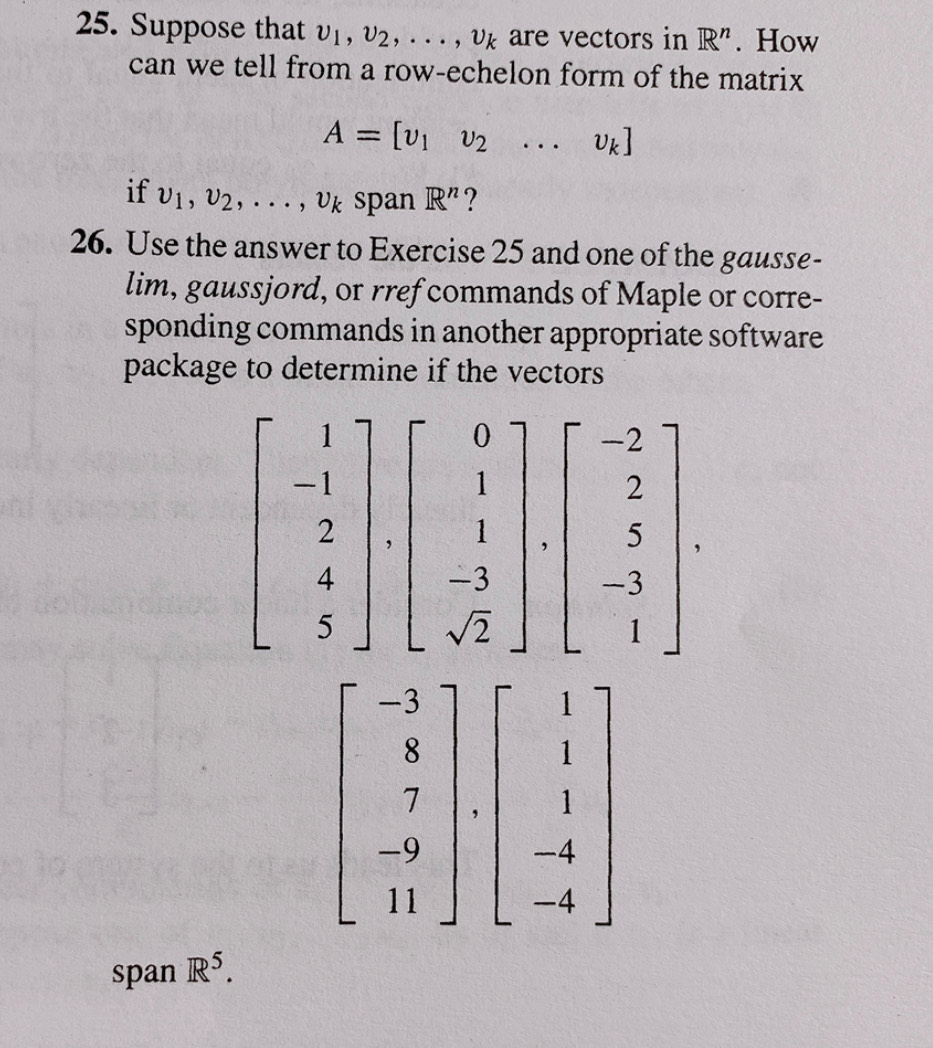 Please do 26 using MATLAB. 25. Suppose that vi, V2, ..., Vk
