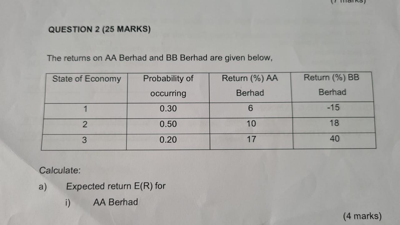  Calculate : Standard deviation for i) AA Berhad & ii) BB