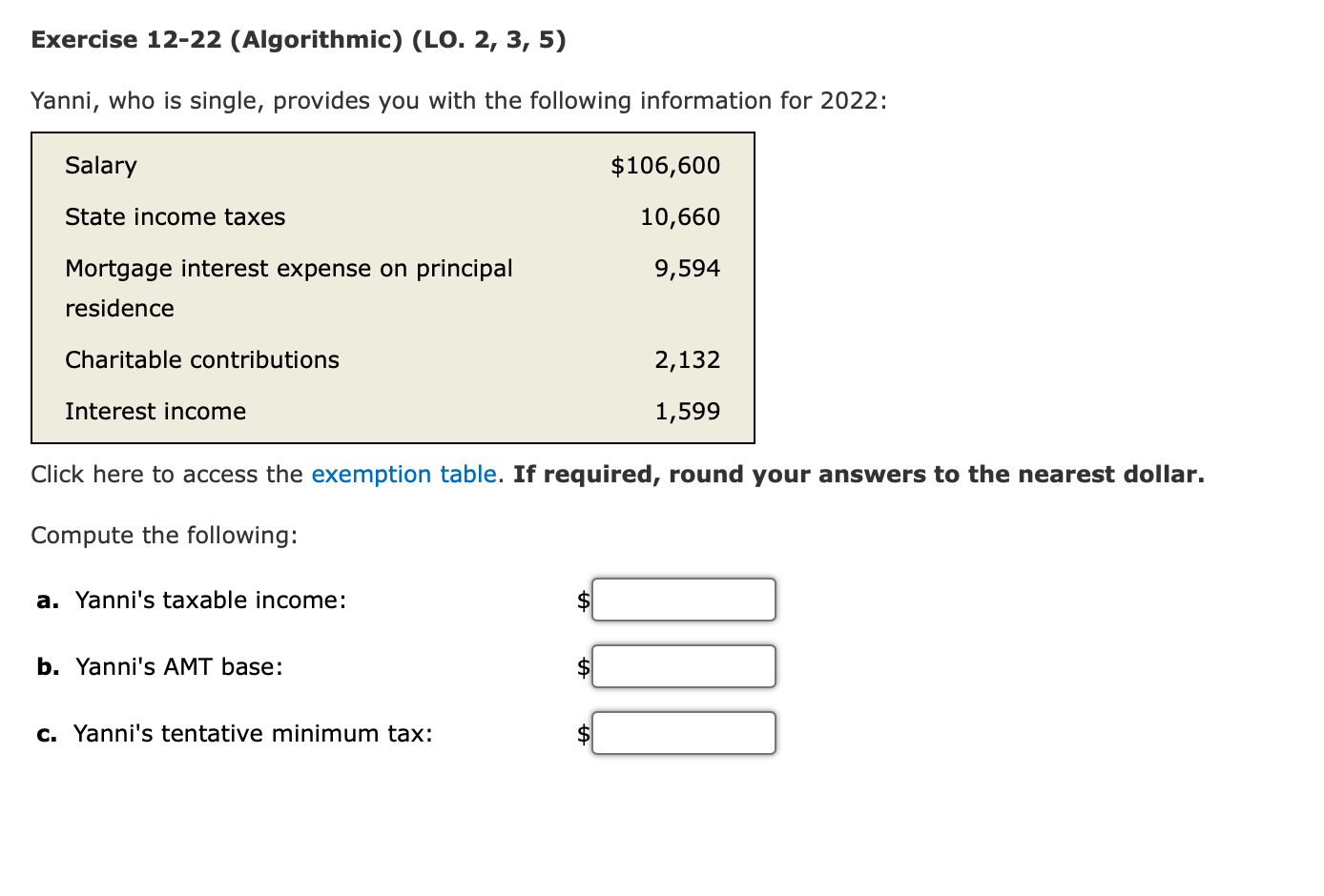  Exercise 12-22 (Algorithmic) (LO. 2, 3, 5) Yanni, who is single,