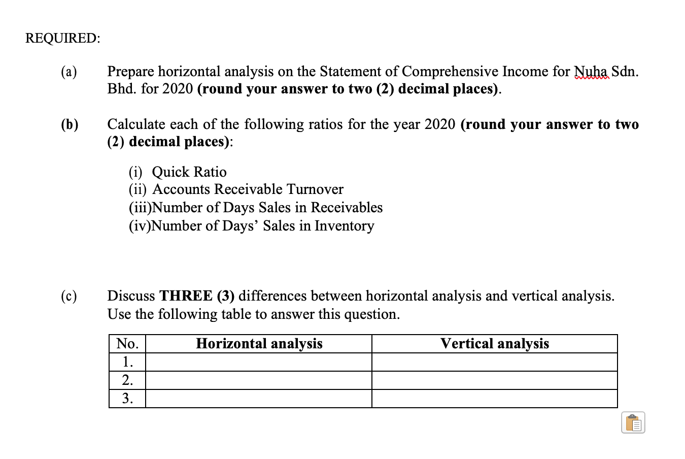 The following are the comparative financial information related to Nuha's operations for
