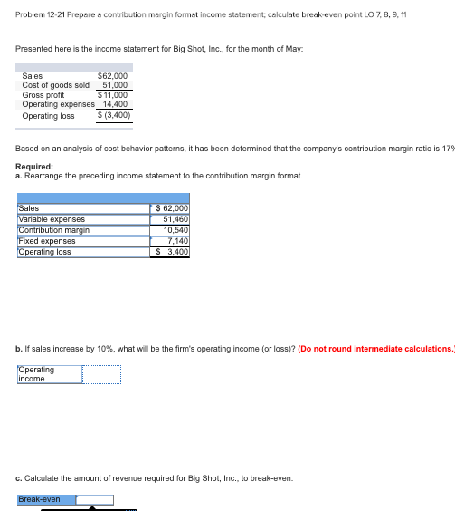  Problem 12-21 Prepare a contribution margin format income statement; calculate break-even