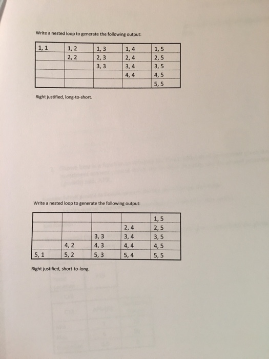  Write a nested loop to generate the following output: 1, 4