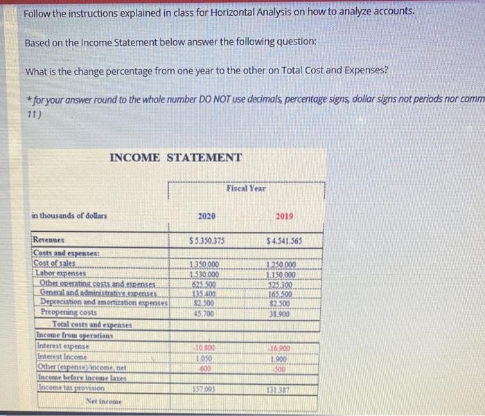  Follow the instructions explained in class for Horizontal Analysis on how