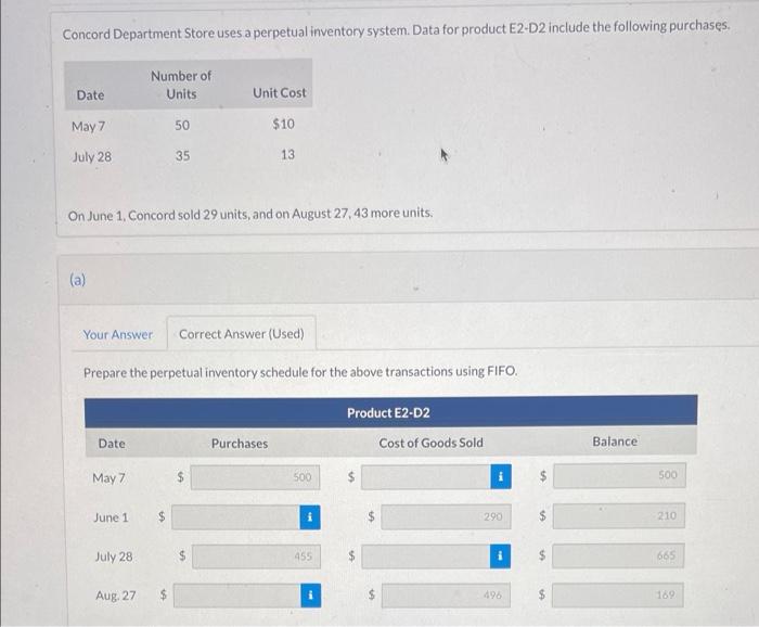  Concord Department Store uses a perpetual inventory system. Data for product