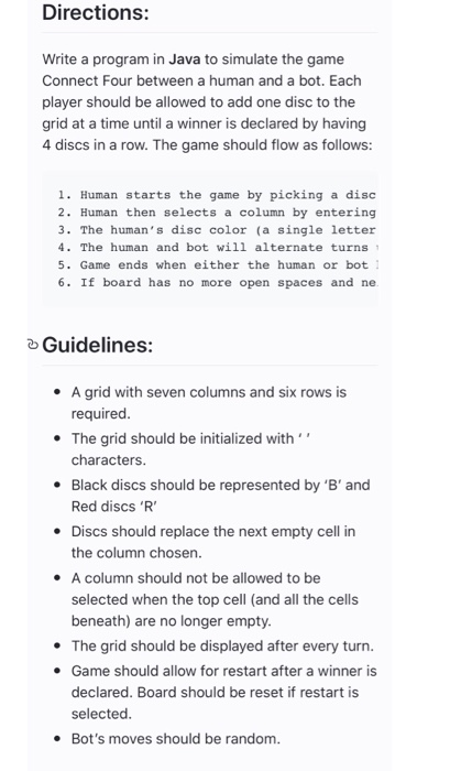  Directions: Write a program in Java to simulate the game Connect