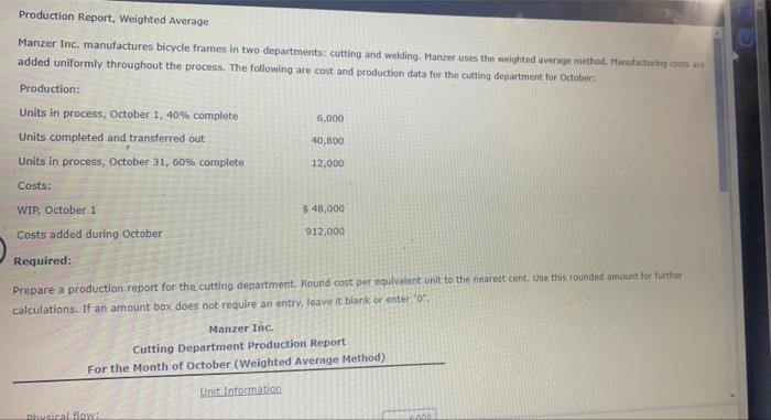 please show me how to solve Production Report, Weighted Average Manzer Inc.