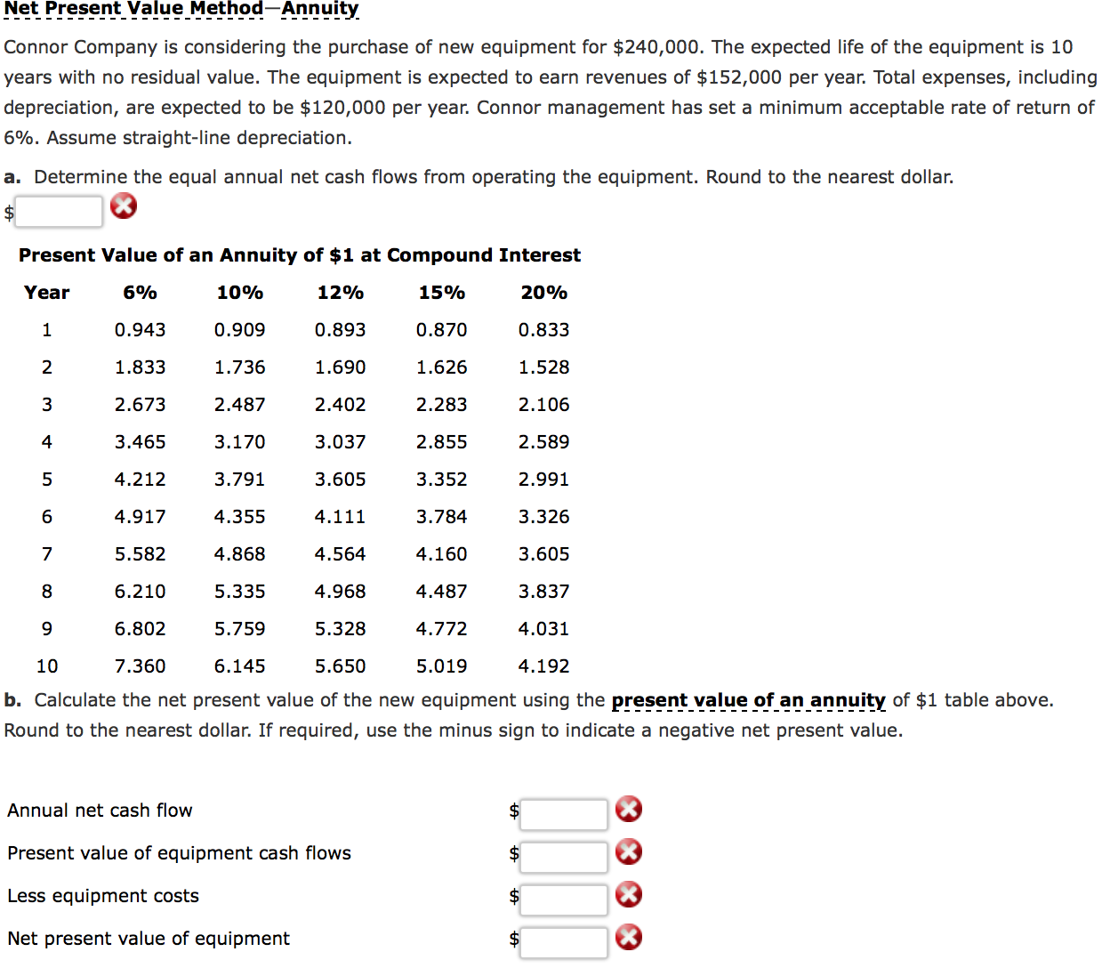 Net Present Value Method-Annuity Connor Company is considering the purchase of