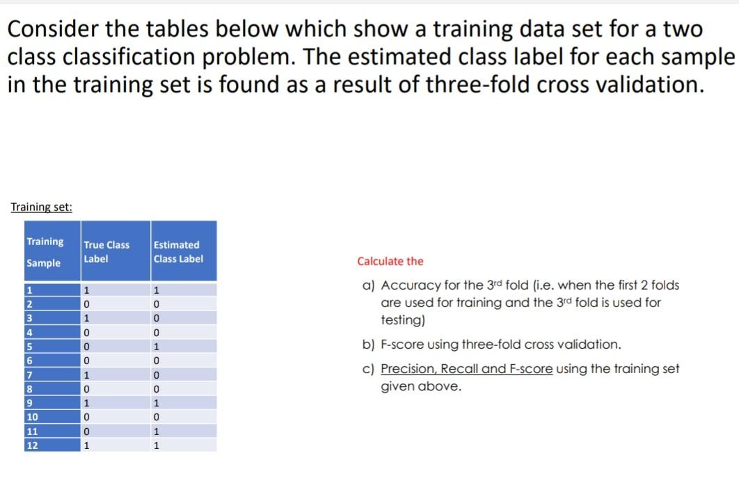  Consider the tables below which show a training data set for