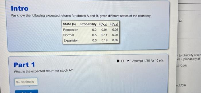  Intro We know the following expected returns for stocks A and