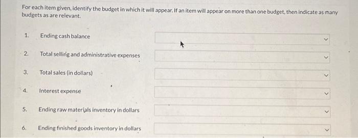  For each item given, identify the budget in which it will