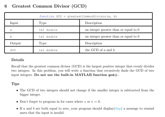 in matlab please help with this function 6 Greatest Common Divisor (GCD)