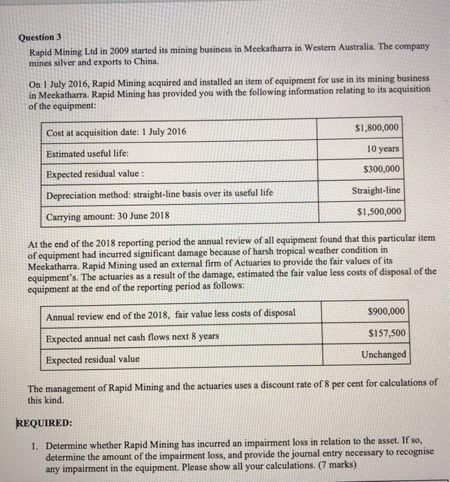  Question 3 Rapid Mining Ltd in 2009 started its mining business