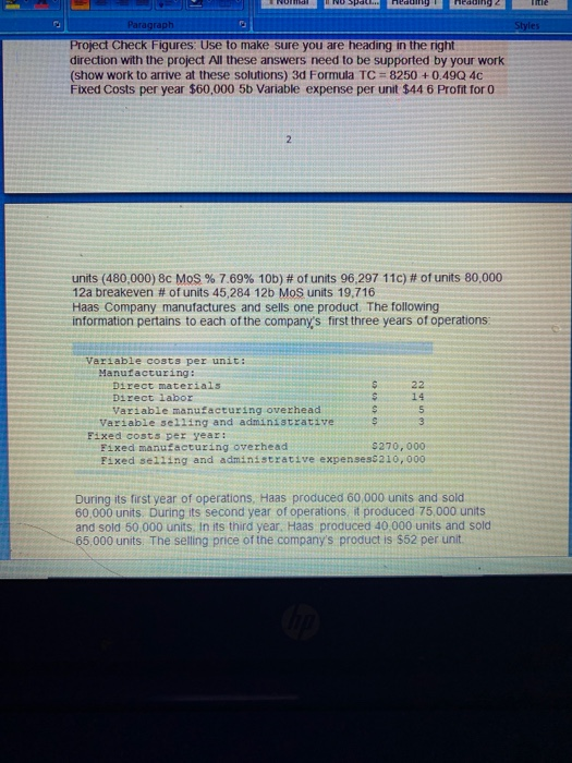 costing information (given and results) from CONNECT to provide the information required