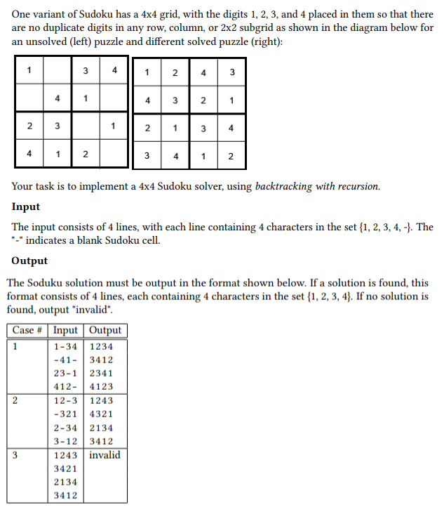 please complete this in Java One variant of Sudoku has a 44