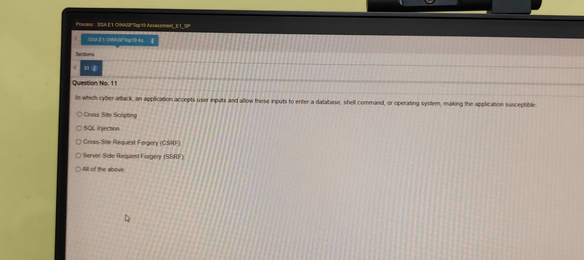  Process : SSAE1 OWASPTop10 Assessment_E1_SP Sections si i Question No.11 In