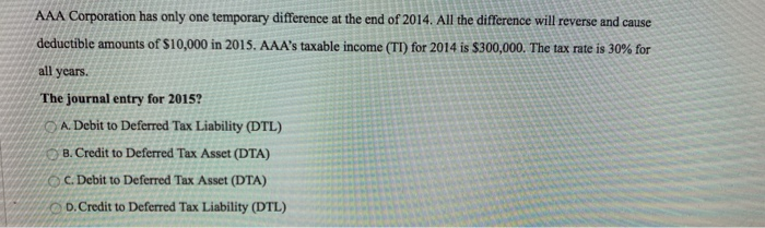  AAA Corporation has only one temporary difference at the end of