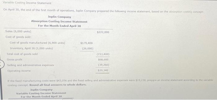  Vanable Costing Income Statement On April 30 , the end of
