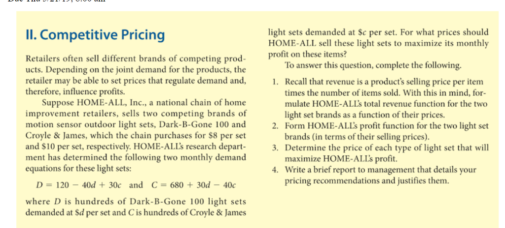 light sets demanded at $c per set. For what prices should