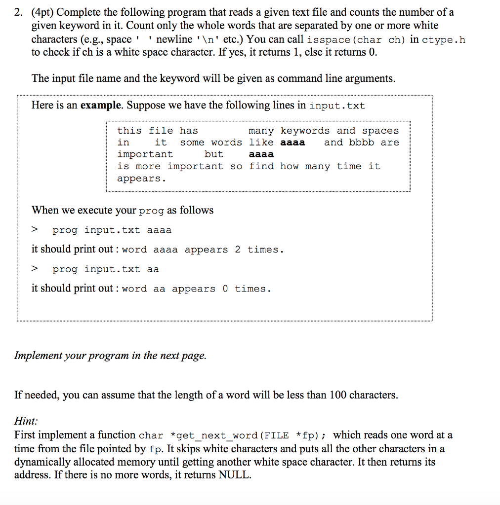  2. (4pt) Complete the following program that reads a given text