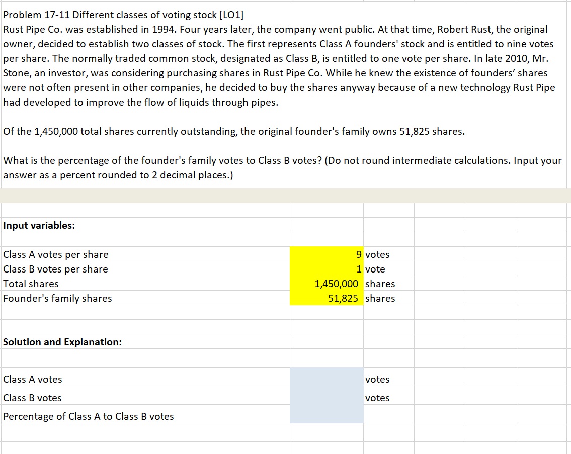  Problem 17-11 Different classes of voting stock [LO1] Rust Pipe Co.