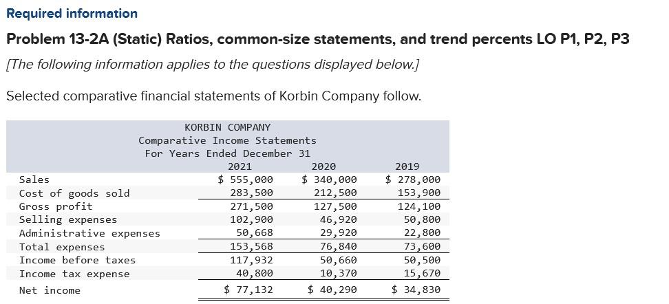 Problem 13-2A (Static) Ratios, common-size statements, and trend percents LO P1,