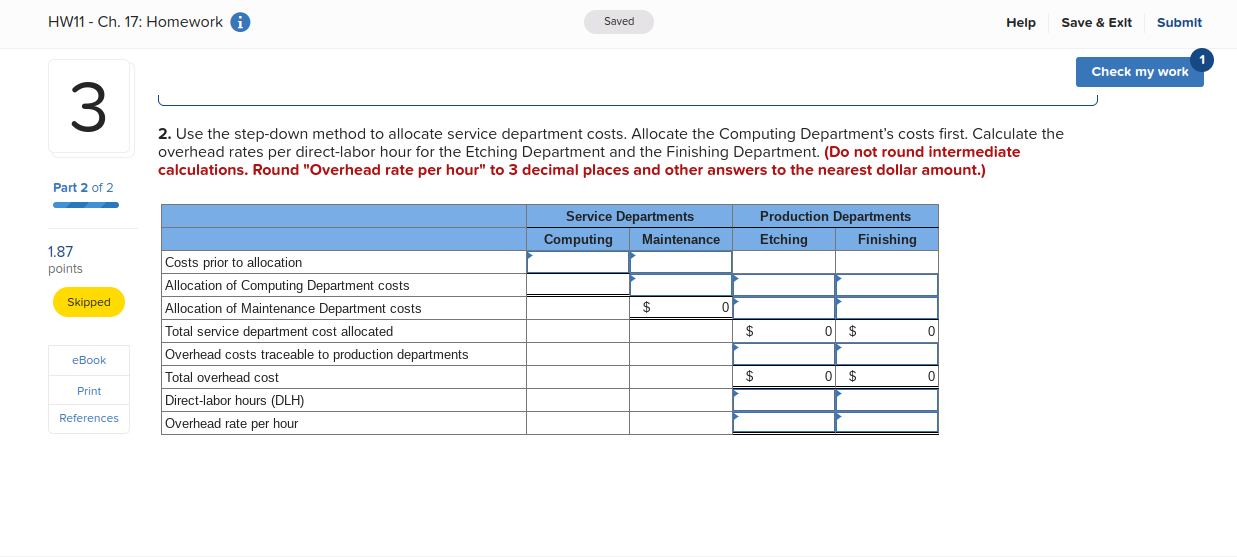 Check my work 3 Required information (The following information applies to the