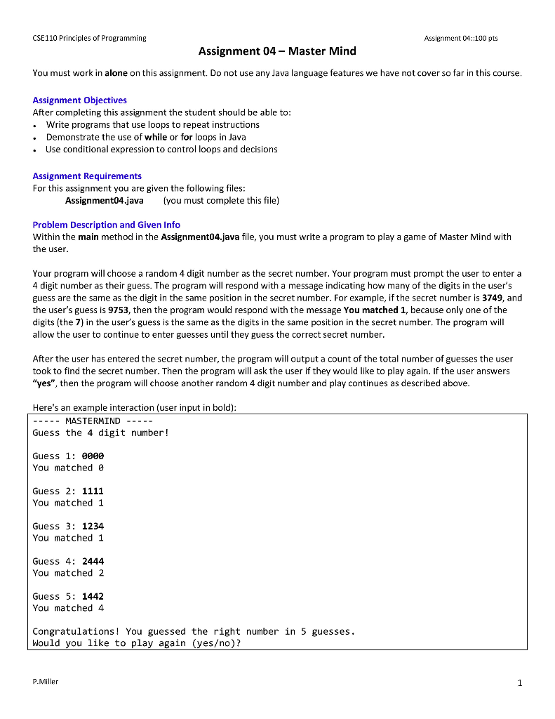  CSE110 Principles of Programming Assignment 04:100 pts Assignment 04 - Master