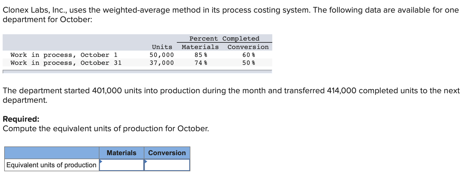 (4.2) Clonex Labs, Inc., uses the weighted-average method in its process costing