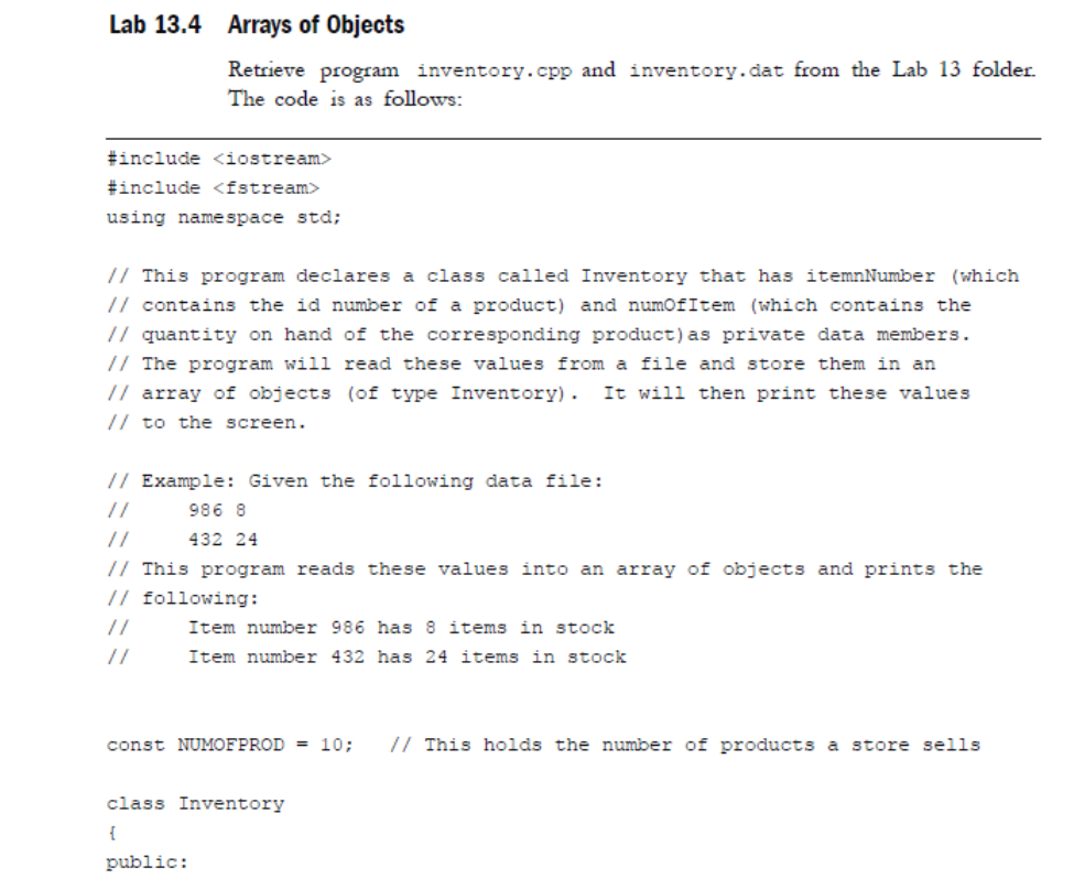  C++ Programming Problem Lab 13.4 Arrays of Objects Retrieve program inventory.cpp
