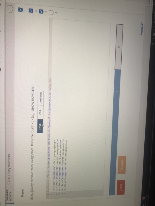  9.2.1:jQuery selectors Reset Using jQuery, remove class 'exaggerate from the fourth
