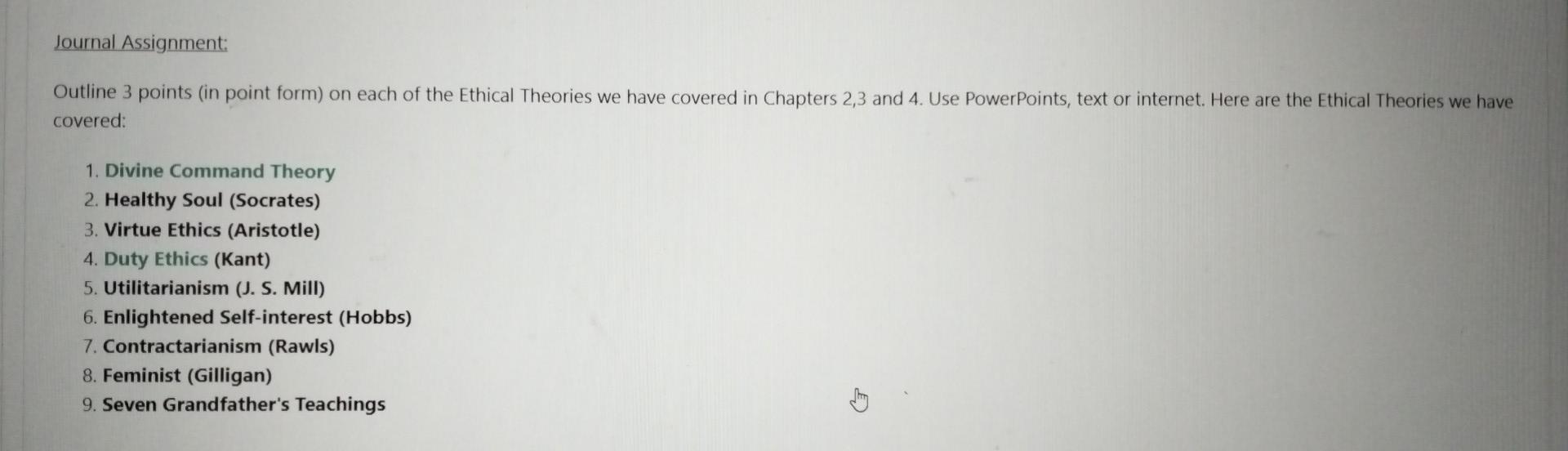 Journal Assignment: Outline 3 points (in point form) on each of