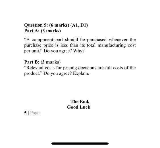Question 5: (6 marks) (A1, D1) Part A: (3 marks) "A