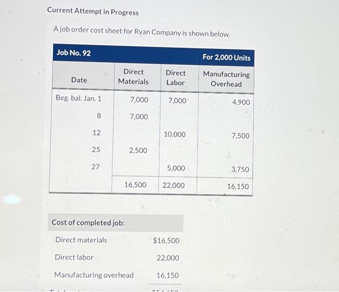  Current Attempt in Progress A job order cost sheet for Ryan