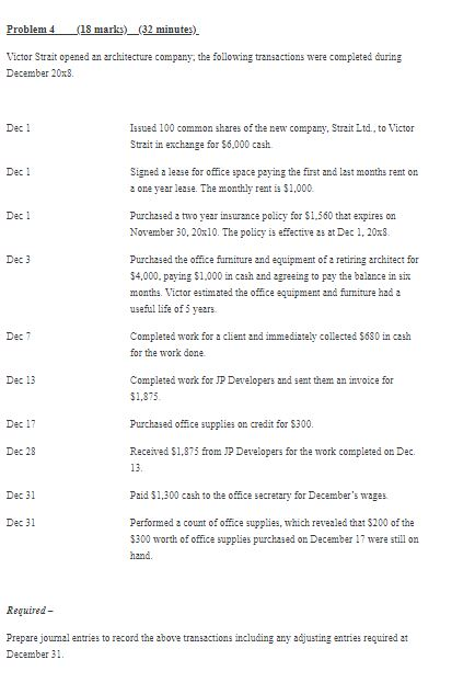 Problem 4 (18 marks) (32 minutes) Victor Strait opened an architecture
