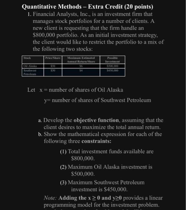  Quantitative Methods - Extra Credit (20 points) 1. Financial Analysts, Inc.,