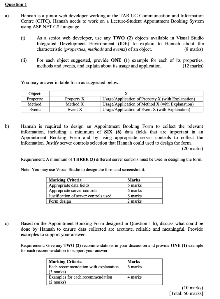 Only question 1 (c) needed Question 1 a) Hannah is a junior